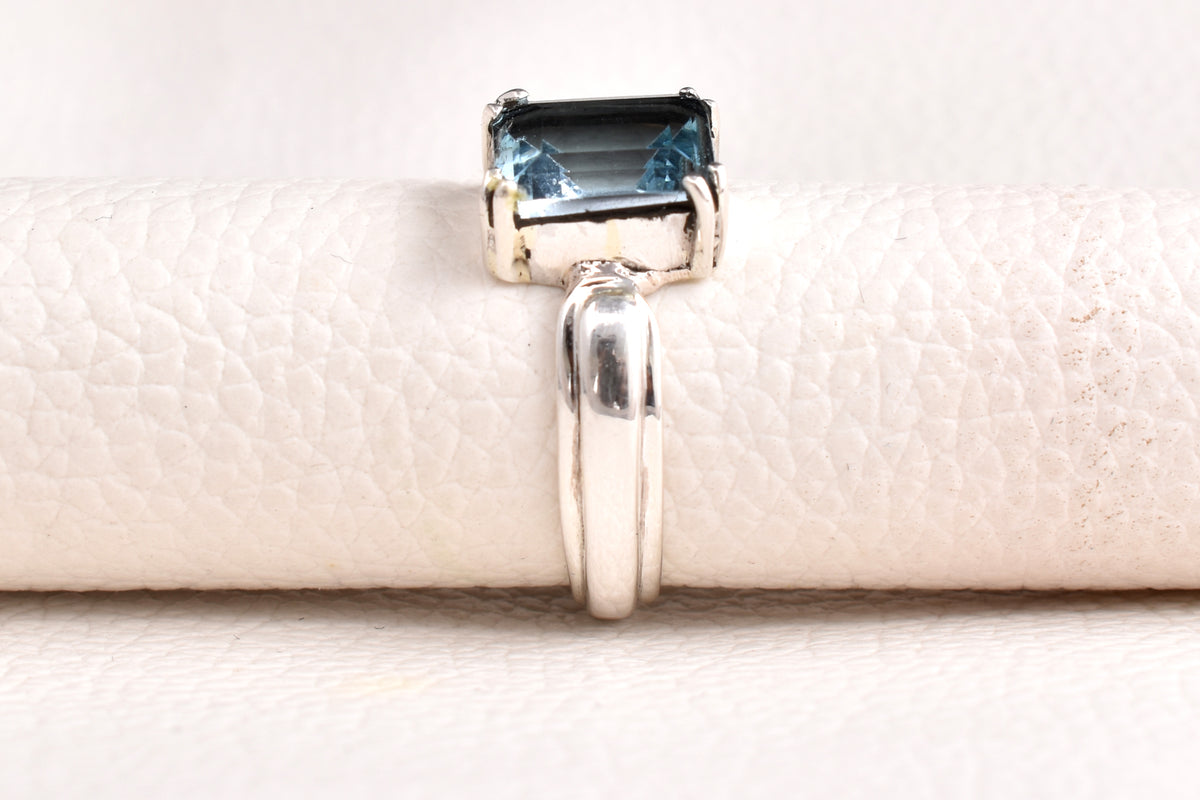 London Blue Topaz Gemstone Ring, 925 Sterling Silver Statement Ring, Rectangular Faceted Stone