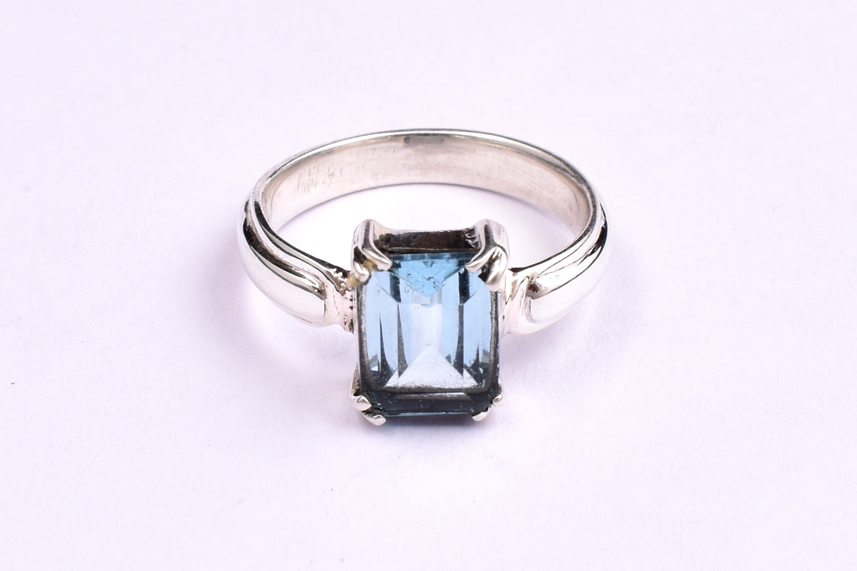 London Blue Topaz Gemstone Ring, 925 Sterling Silver Statement Ring, Rectangular Faceted Stone