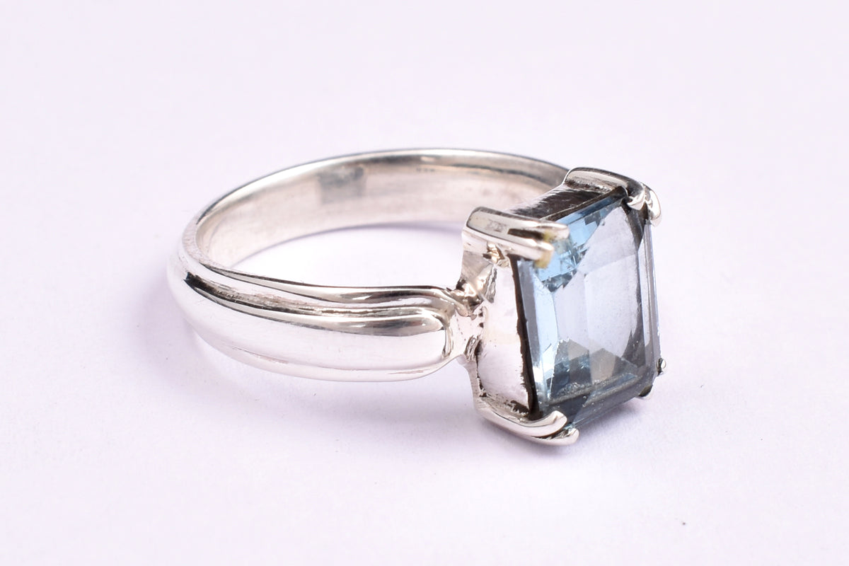 London Blue Topaz Gemstone Ring, 925 Sterling Silver Statement Ring, Rectangular Faceted Stone