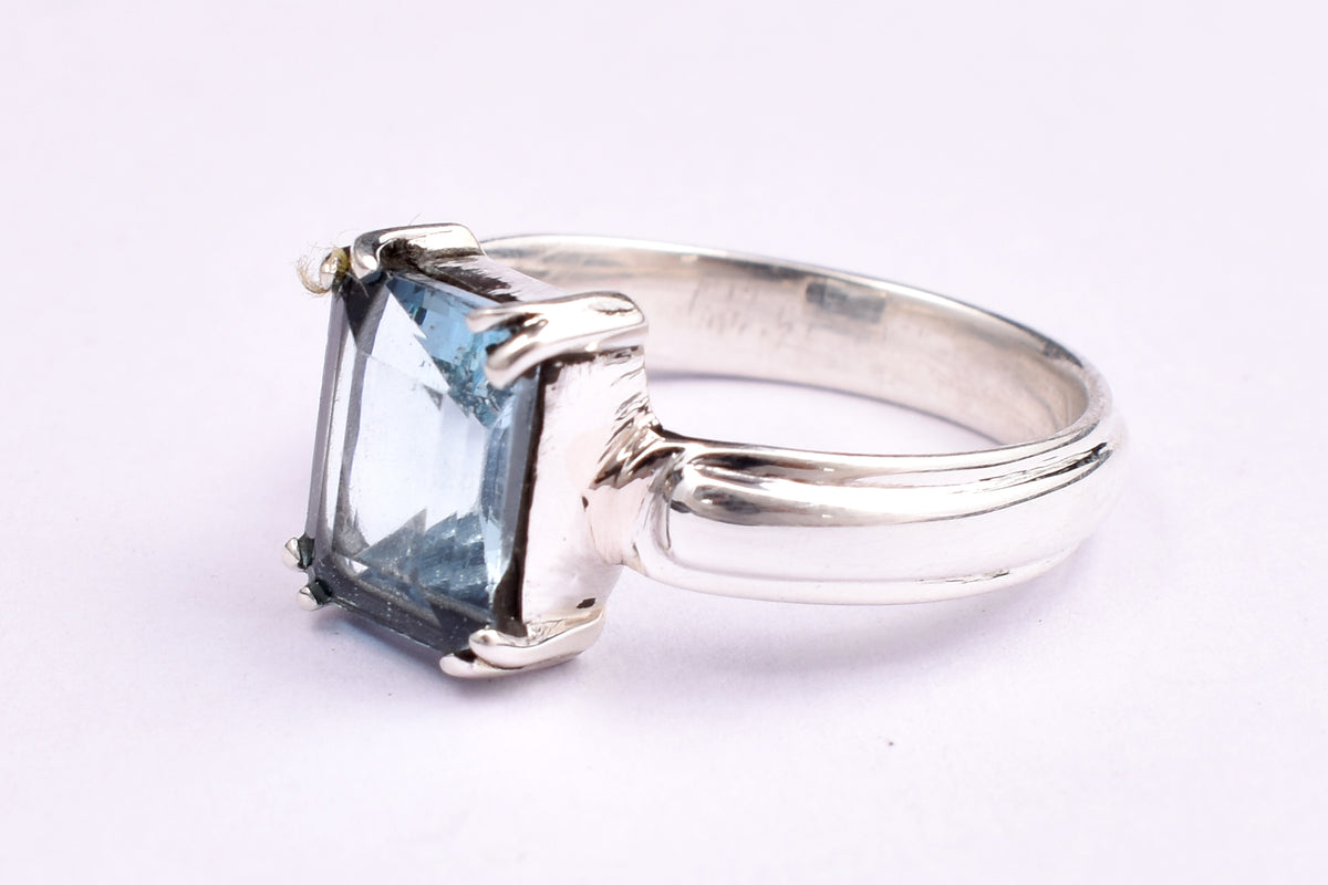 London Blue Topaz Gemstone Ring, 925 Sterling Silver Statement Ring, Rectangular Faceted Stone