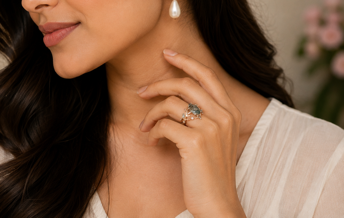 Moss Agate Engagement Ring, Nature Inspired Vine Leaf Branch Bridal Ring