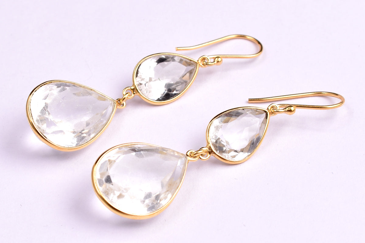Natural White Quartz Dangle Earrings Gold Plated 925 Sterling Silver Teardrop Gemstone Earrings Statement Drop Earrings