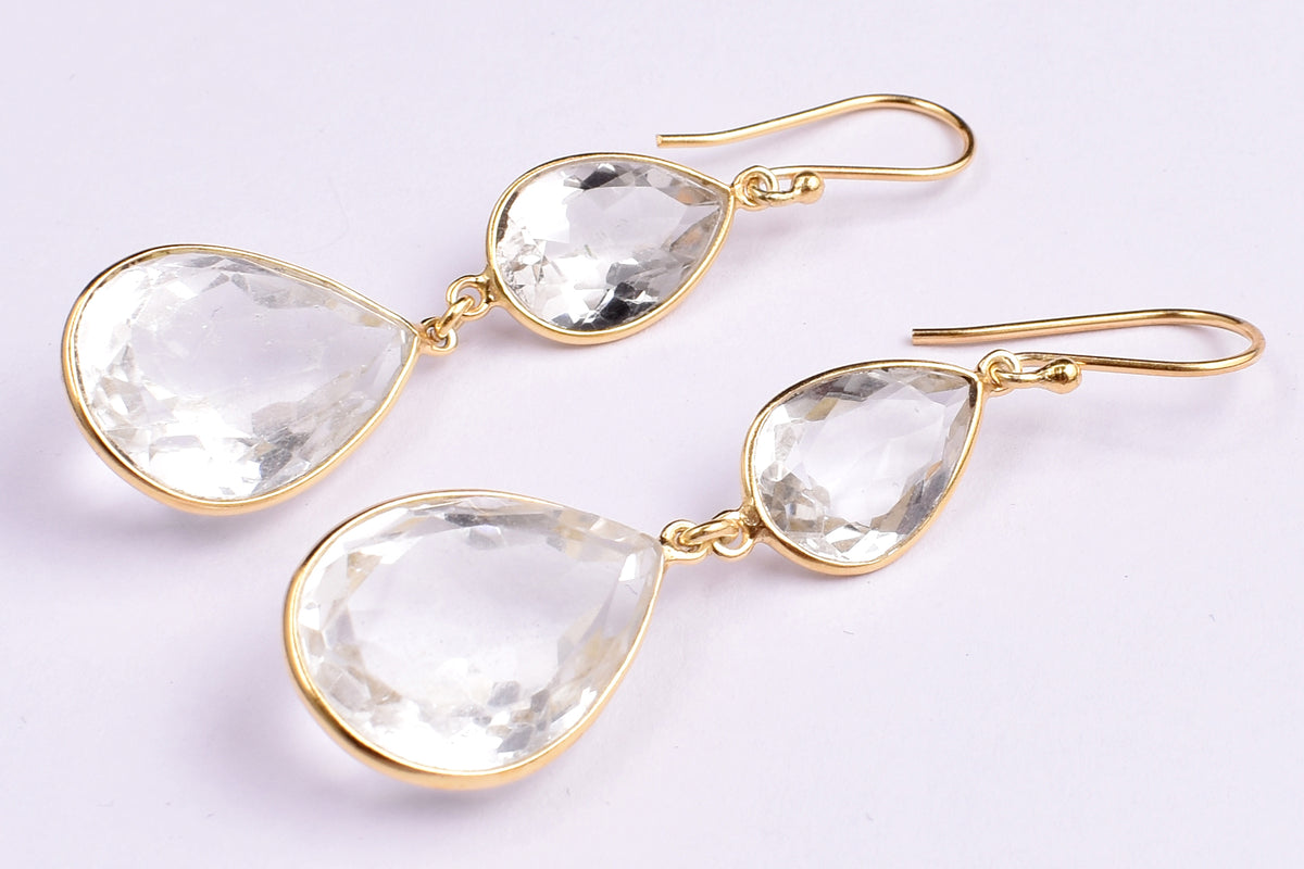 Natural White Quartz Dangle Earrings Gold Plated 925 Sterling Silver Teardrop Gemstone Earrings Statement Drop Earrings