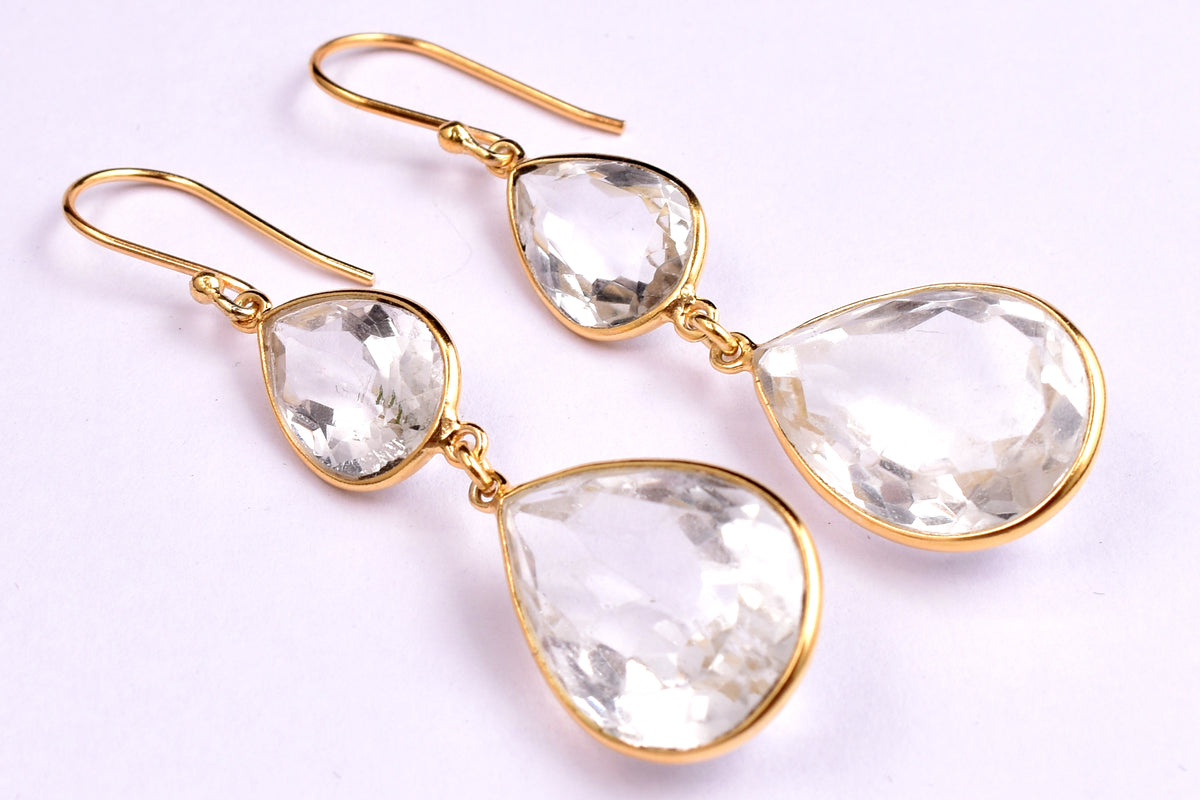 Natural White Quartz Dangle Earrings Gold Plated 925 Sterling Silver Teardrop Gemstone Earrings Statement Drop Earrings