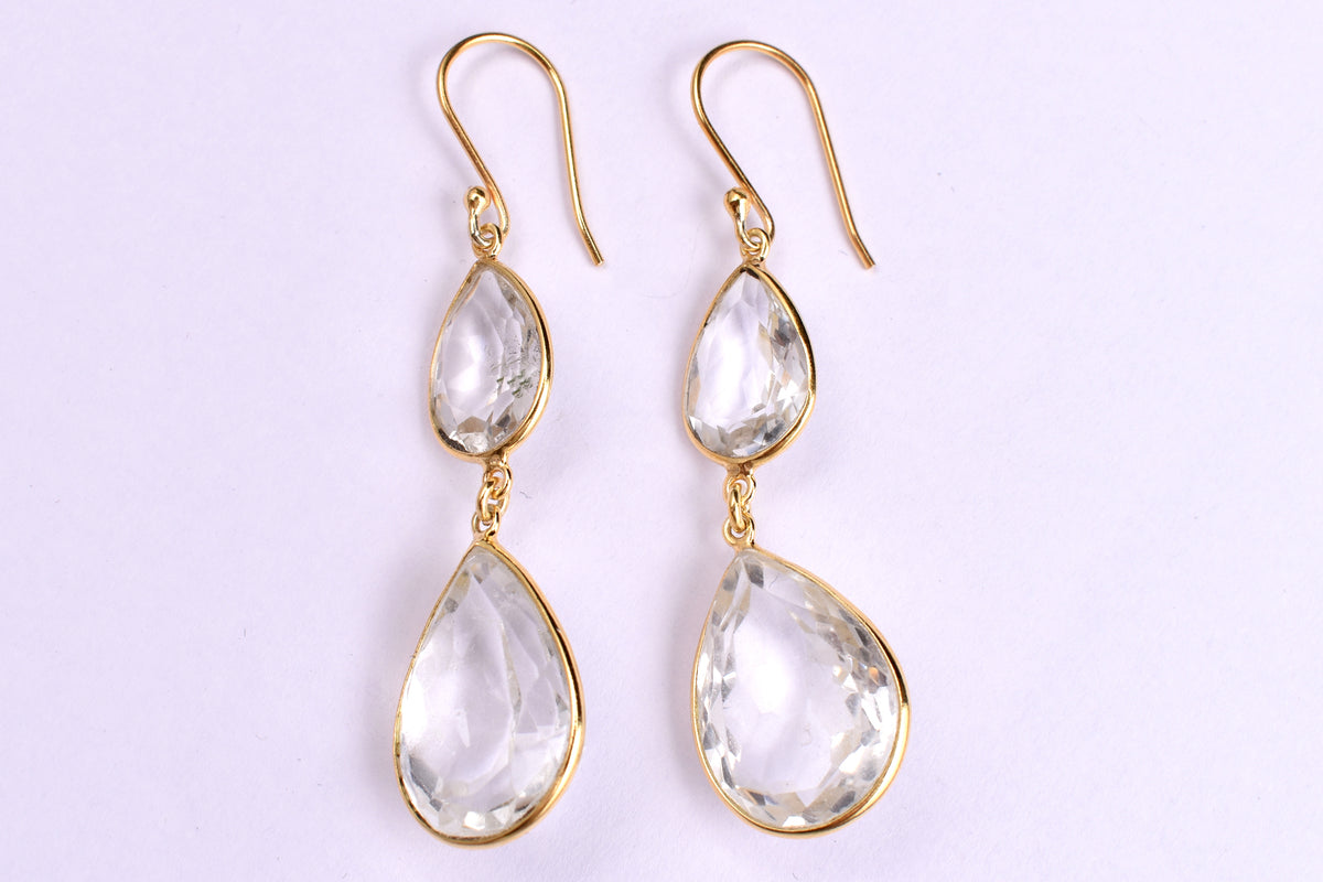 Natural White Quartz Dangle Earrings Gold Plated 925 Sterling Silver Teardrop Gemstone Earrings Statement Drop Earrings