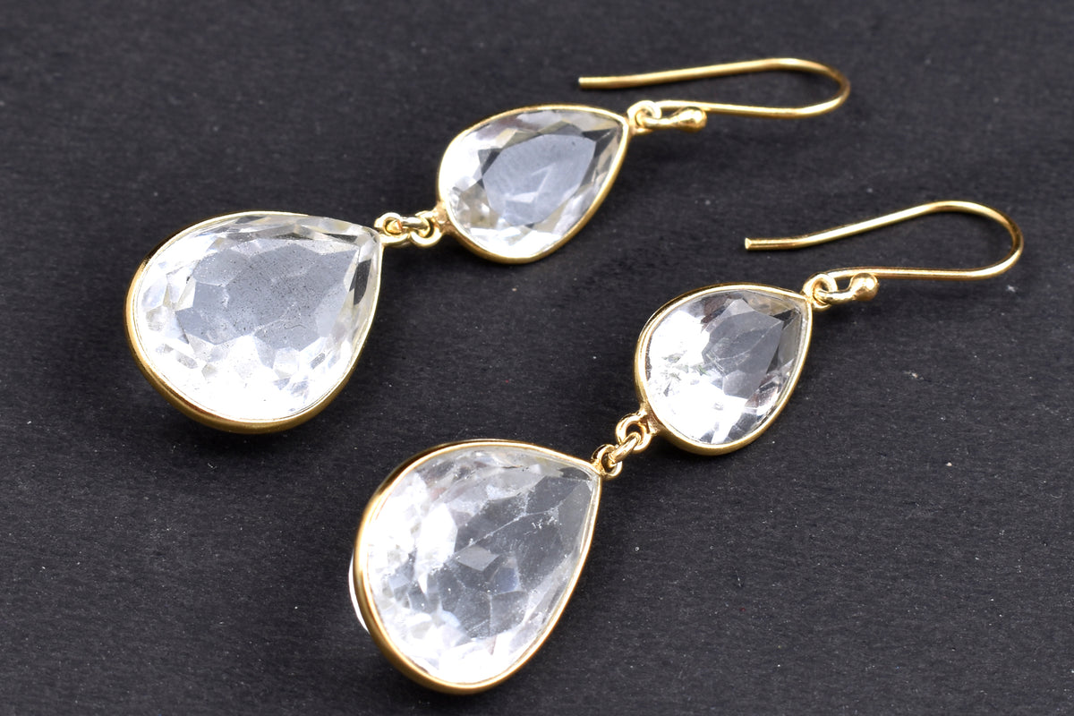Natural White Quartz Dangle Earrings Gold Plated 925 Sterling Silver Teardrop Gemstone Earrings Statement Drop Earrings