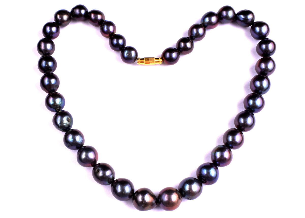Tahitian Black Pearl Necklace: Peacock Overtone, Sterling Silver, Art Deco