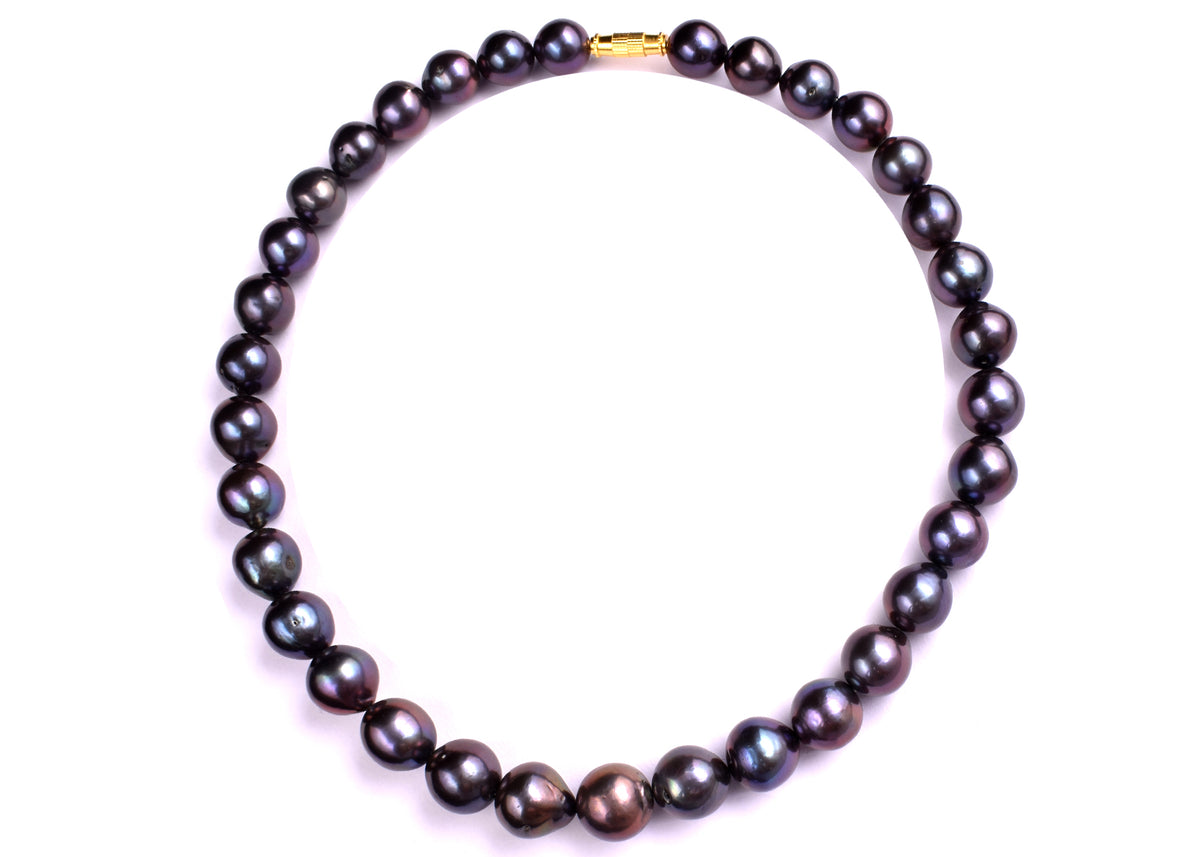 Tahitian Black Pearl Necklace: Peacock Overtone, Sterling Silver, Art Deco