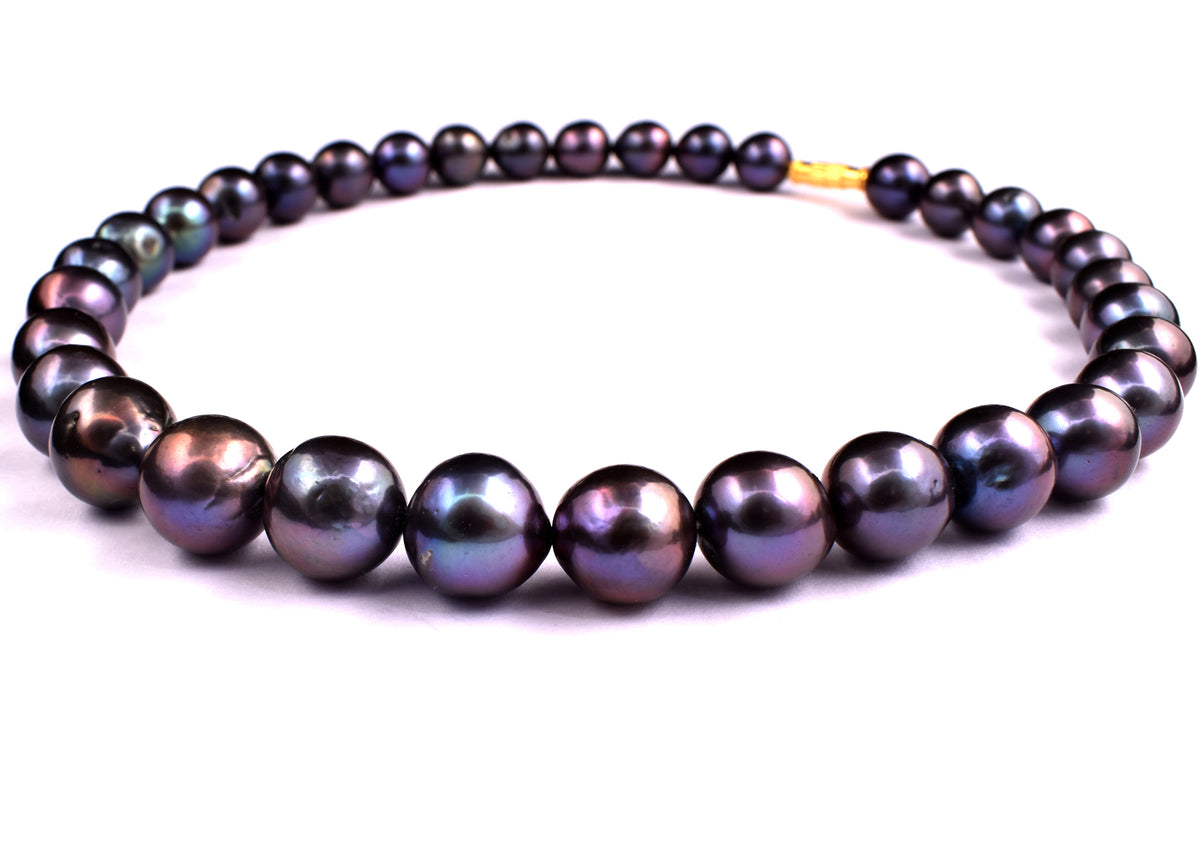 Tahitian Black Pearl Necklace: Peacock Overtone, Sterling Silver, Art Deco