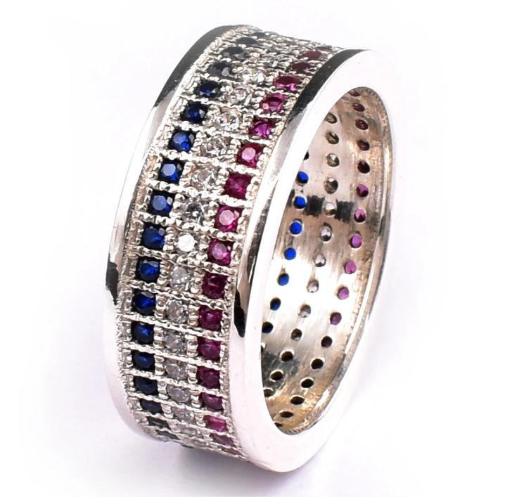 Sterling Silver American Flag Ring: Red, White & Blue Zircon Band