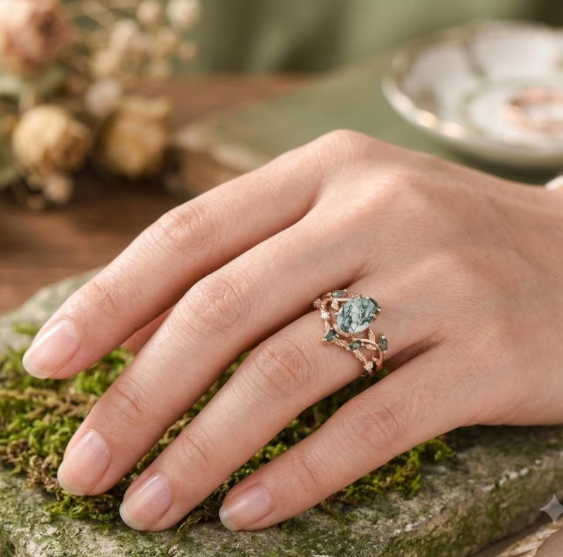 Moss Agate Engagement Ring, Nature Inspired Vine Leaf Branch Bridal Ring