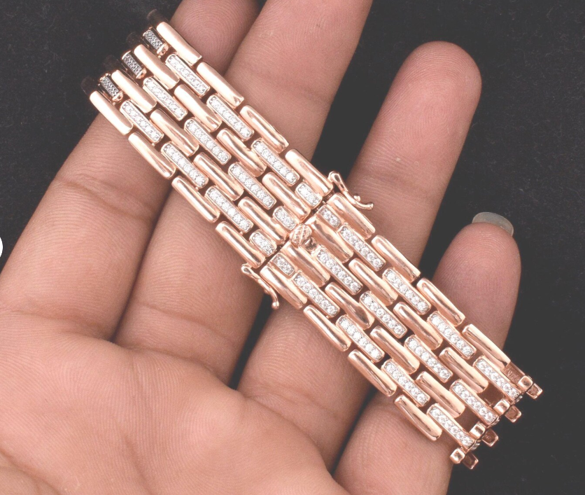 Rose Gold Plated Art Deco Crystal Bracelet, Wide Link Glamorous Evening Jewelry