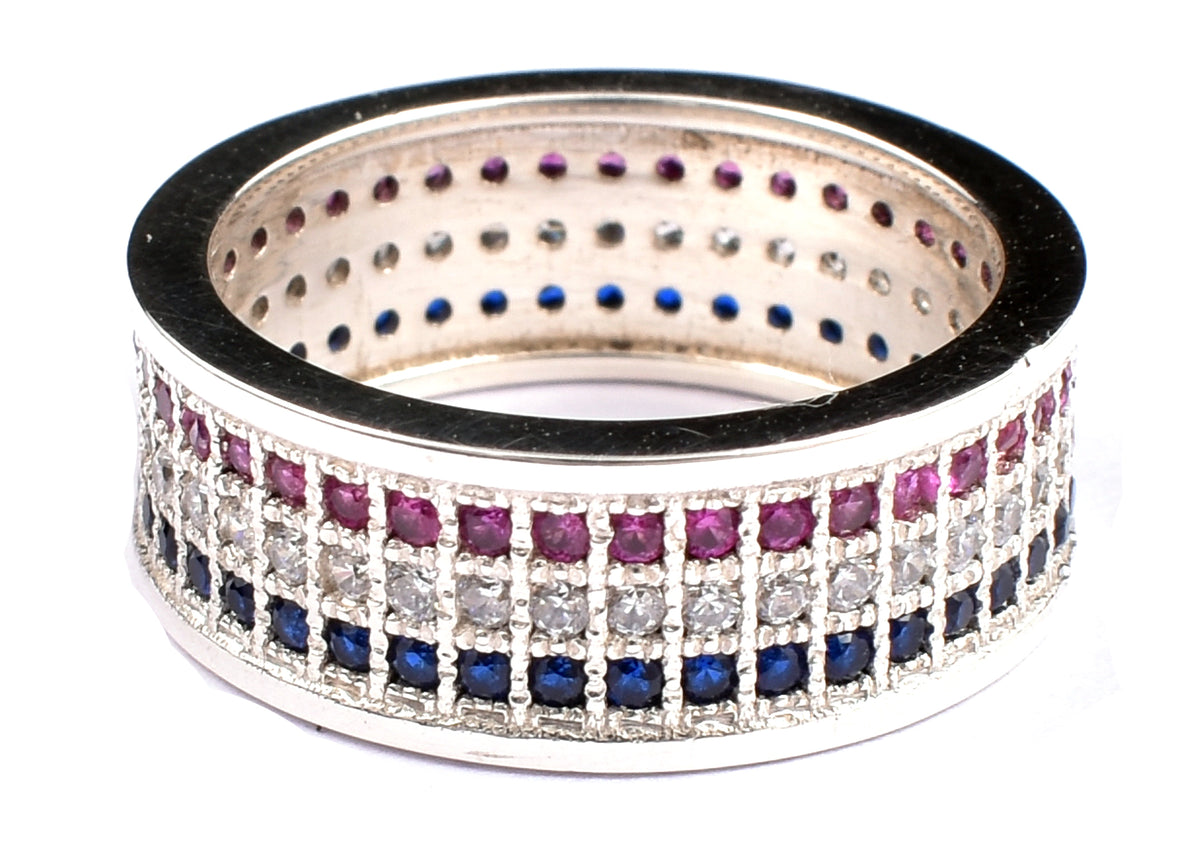 Sterling Silver American Flag Ring: Red, White & Blue Zircon Band