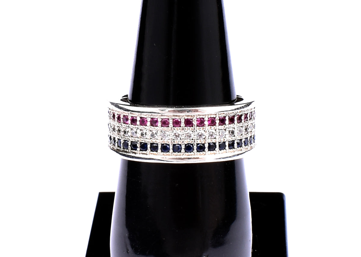 Sterling Silver American Flag Ring: Red, White & Blue Zircon Band