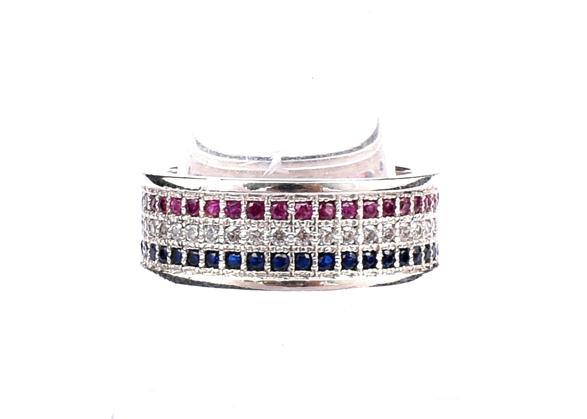 Sterling Silver American Flag Ring: Red, White & Blue Zircon Band