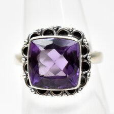 Natural Amethyst Cushion Cut Ring | Sterling Silver Boho Statement Jewelry