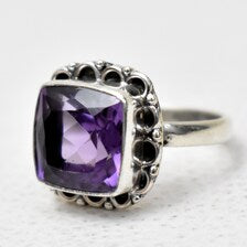 Natural Amethyst Cushion Cut Ring | Sterling Silver Boho Statement Jewelry