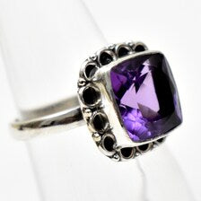 Natural Amethyst Cushion Cut Ring | Sterling Silver Boho Statement Jewelry