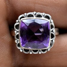 Natural Amethyst Cushion Cut Ring | Sterling Silver Boho Statement Jewelry