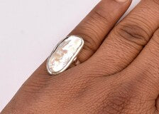 Natural Raw Baroque Pearl Ring in 925 Sterling Silver Long Elongated Biwa Pearl Bezel Ring Statement Ocean Gemstone Jewelry for Women